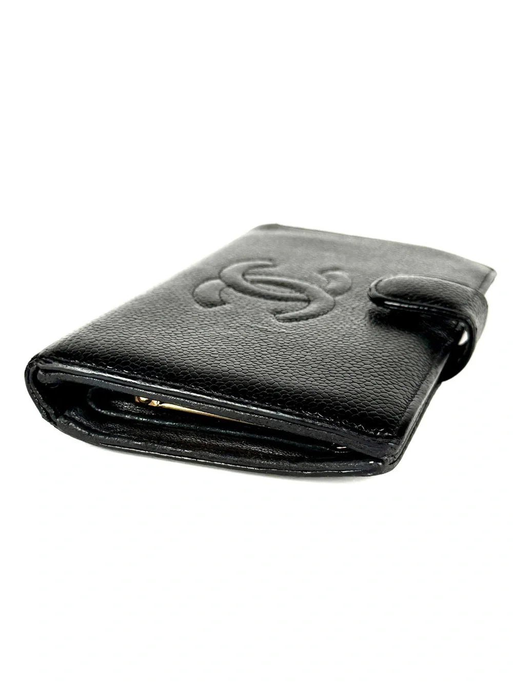 Chanel Black Caviar Leather Long Snap Bifold Wallet | Vintage CC Logo